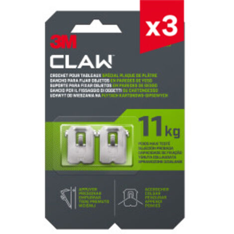 Lot de 3 packs de 4 crochets pour tableaux spécial plaque de plâtre 3M CLAW™ 11 kg, 12 crochets au total (1/5)