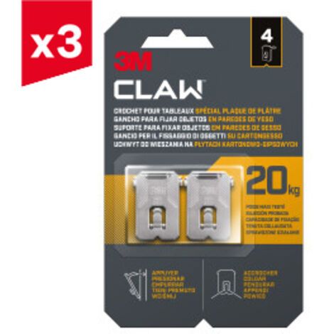 Lot de 3 crochets pour tableaux spécial plaque de plâtre 3M CLAW™ 20 kg, 4 crochets