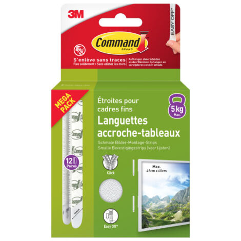 Command™ Languettes Accroches Tableaux Moyen Modèle - 12 Paires (24 Languettes) Blanc - Supporte jusqu'à 5 kg - Sans Outils - Fixation sans Dommages