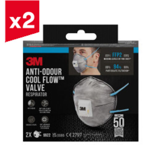 Lot de 2 masques anti-particules et anti-odeurs 3M™ 9922 avec valve Cool Flow™, FFP2