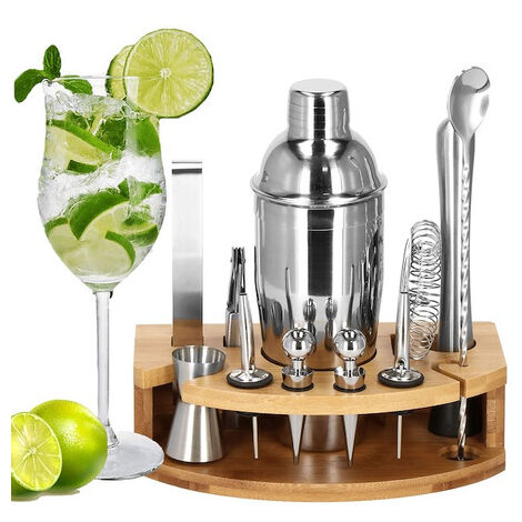 Zestaw de barman de 12 piezas con base de bambú para bebidas en color plateado. (1/5)