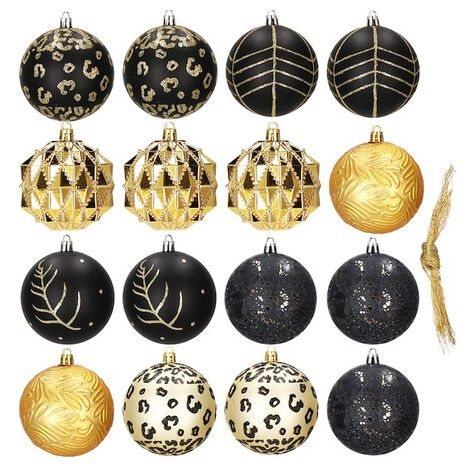 Bombki de Navidad 16 piezas. Conjunto de Navidad en dorado y negro.