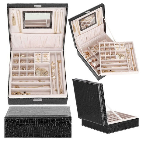Szkatułka de joyería de piel ecológica 26x26x8,5 cm, estuche negro con compartimentos. (1/5)