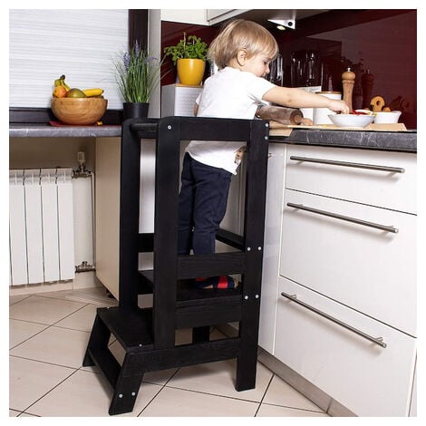 Taburete de cocina para niños pequeños, taburete Montessori para niños,  torre de pie para bebé, ayudante de pie para niños (nogal)