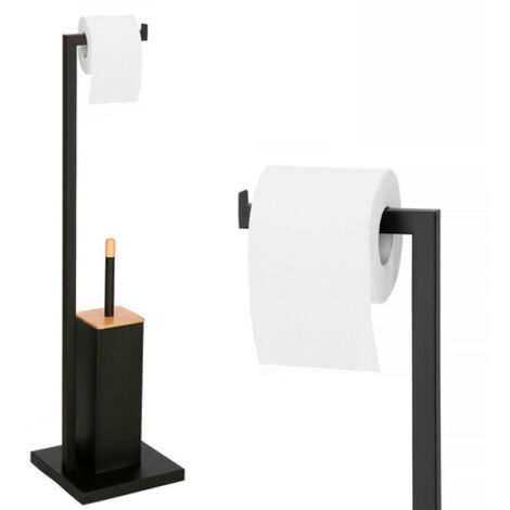 Soporte para papel higiénico y cepillo de WC, el soporte es negro y de bambú. (1/5)