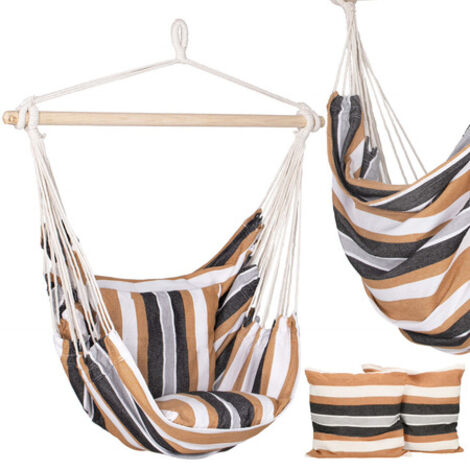 Hanging chair with pillows, Brazilian hammock 130x100cm colorful stripes. 

Silla colgante con cojines, hamaca brasileña 130x100cm rayas coloridas.