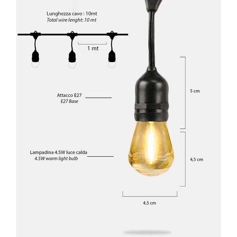 RIXME Catena LED Solare 10M – 10 Lampadine Luce Calda 3800K, IP65, Per Esterno Giardino
