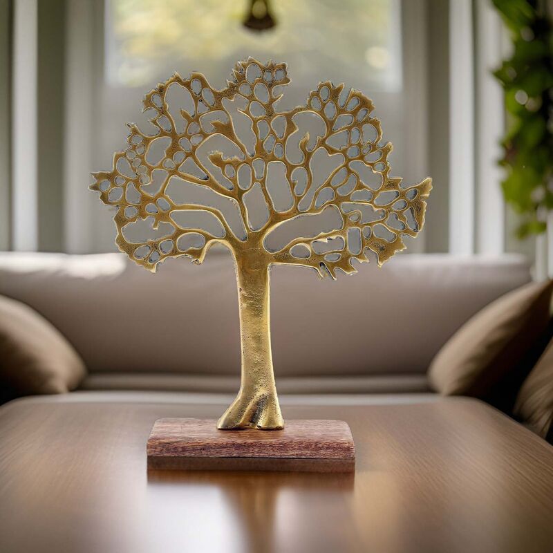 Albero decorativo in alluminio dorato e legno di mango Albero della vita  Misura 2
