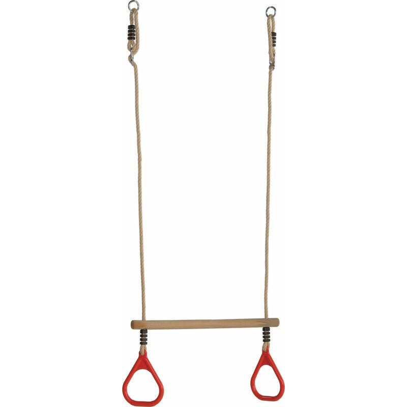 Trapecio de madera con aros de gimnasia rojos