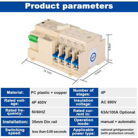 Mini 2p 100a 220v Reliable Din Rail Mounted Dual Power Automatic