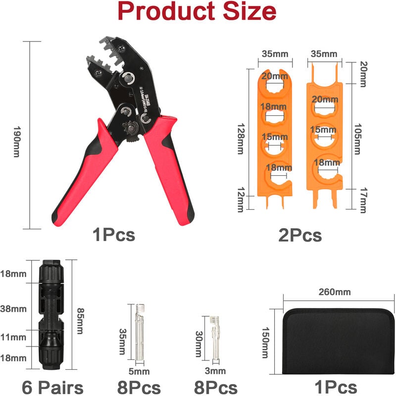 DEWIN Pinza a crimpare Set di capicorda per cavi, Pinza a crimpare solare,  Strumento per connettori solari, Chiave per pannello solare per cavo da  2,5/4/6 mm² Centrale elettrica per balcone