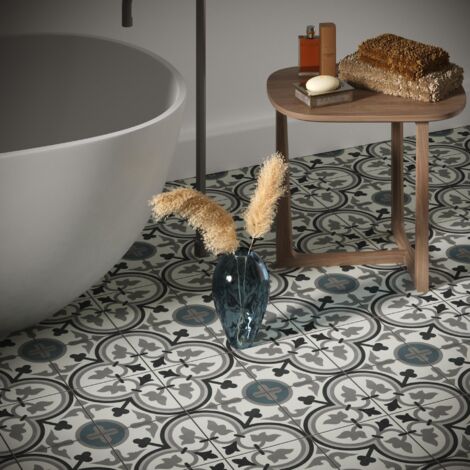 Carrelage effet carreaux de ciment 20x20 cm – Grès cérame bleu – 1 m² pour cuisine, salon et salle de bain – Pose au sol et mur