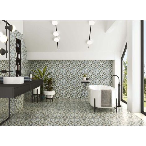Carrelage grès cérame effet carreau de ciment 20x20 cm bleu – Finition satinée – Résistant à l'humidité et aux taches – Boîte de 1 m² – Mainzu Ceramica