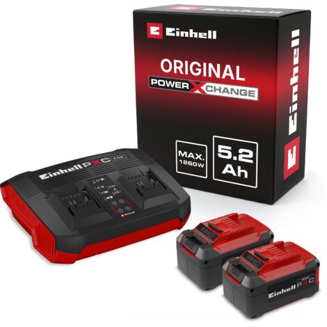 Original Einhell Starter Kit Akku und Ladegerät Power X-Change (Lithium Ionen, 18 V, 2x5,2 Ah Akku und Twincharger, passend für alle Power X-Change Geräte)