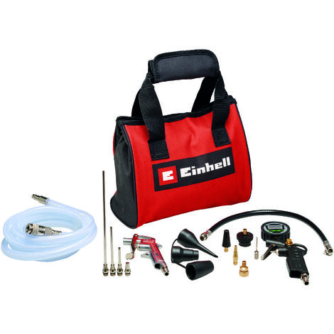Original Einhell 15-tlg. Druckluftset m. Tasche (Kompressor Zubehör, inkl. 1x Ausblaspistole, 1x digitaler Reifenfüller, 2,5 m Gewebeschlauch, 8x Adapter, 1x Tasche)
