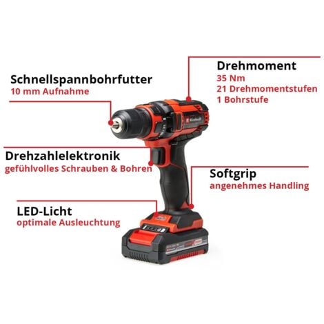 Einhell Akku-Bohrschrauber TC-CD 18/35 Li (1x1,5 Ah) Power X-Change (Lithium Ionen, 18 V, Drehzahl-Elektronik, LED-Beleuchtung, Softgrip, inkl. 1,5 Ah PXC-Akku, Ladegerät + Aufbewahrungskarton)