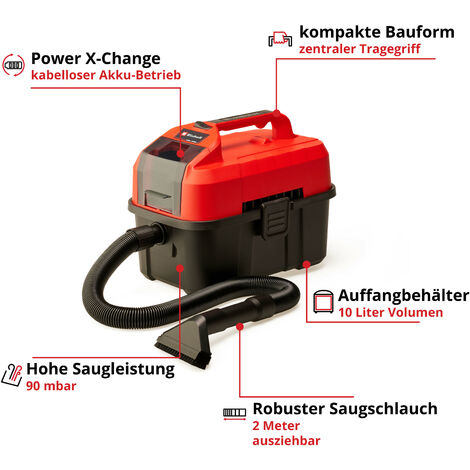 Einhell Akku-Nass-Trockensauger TE-VC 18/10 Li-Solo Power X-Change (10 Liter Tank, inkl. 2 m-Schlauch, Fugen-/Bürstendüse + Polster-/Universaldüse, ohne Akku und Ladegerät)