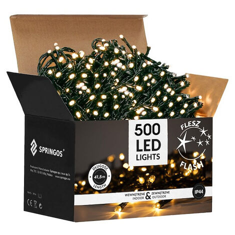 SPRINGOS Lichterkette 500 LEDs 41,5 m Warmweiß m. Flash Effekt Stromversorgung Lichtervorhang Lichtdekoration Indoor Outdoor Weihnachten Weihnachtsdekoration LED-Leuchten LED-Lämpchen (1/5)