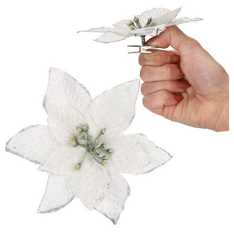 Poinsettia - künstliche Glitzer Weihnachtsstern mit mit silberner Blume Clip