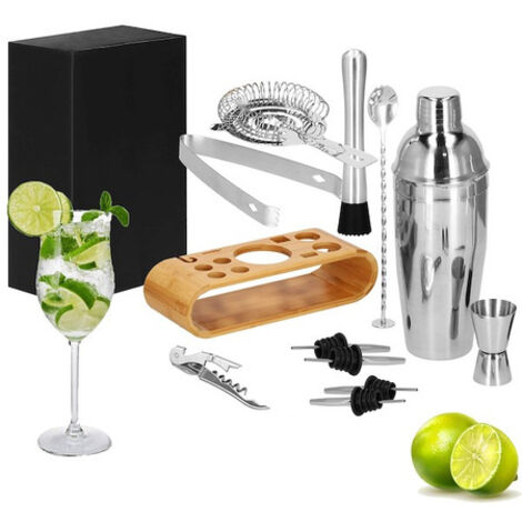 Barkeeper-Set mit 12 Elementen, Bambusständer, Silber-Set (1/5)
