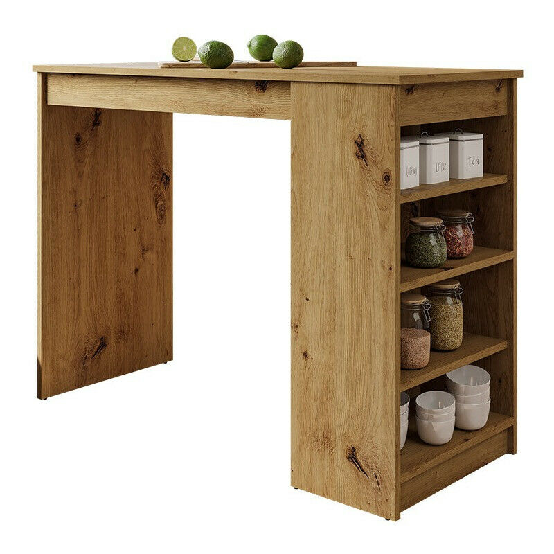 VSOGA Table de bar extensible avec espace de rangement, portes en rotin tressé, étagères réglables, îlot de cuisine, table haute, 138-193 x 39 x 104 cm