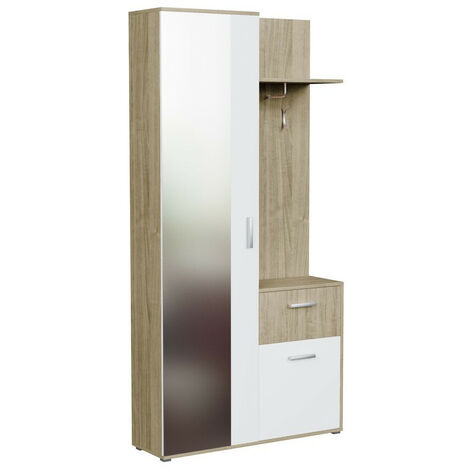 Mobilier1 – Meuble d'entrée Stanton 103 – Chêne Sonoma et blanc – Miroir inclus – Dimensions 195x97x30cm – Stratifié durable et résistant