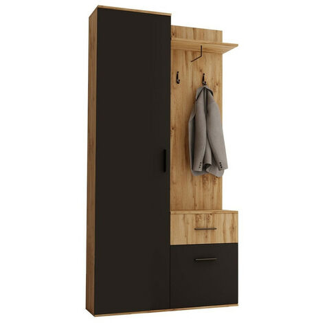 Mobilier1 – Meuble d'entrée Stanton – 195x97x28cm – Stratifié noir et chêne Wotan – Pour espaces modulables et optimisation de rangement