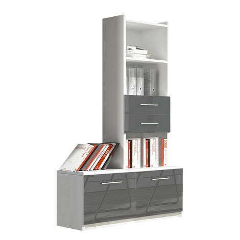 Étagère Campus, Blanc + Gris brillant, Avec des portes, Avec tiroirs, Stratifié, MDF, Le nombre de portes: 2, Nombre de tiroirs: 2, 193x85x53cm (1/4)