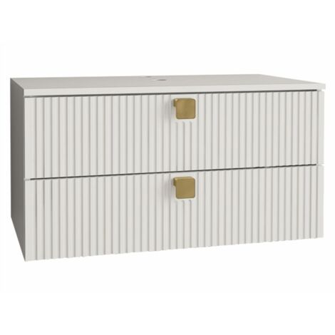 Mobilier1 – Meuble mural salle de bains blanc à suspendre – 42x80x46cm – MDF stratifié – 2 tiroirs pour rangement optimisé