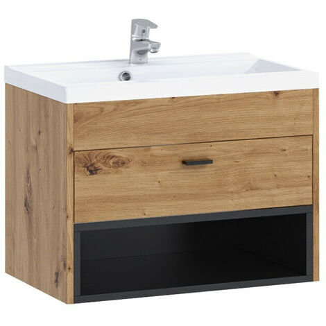 Mobilier1 – Meuble mural salle de bains à suspendre – Chêne artisan et noir – Dimensions 45x60x35 cm – Stratifié sans porte ni tiroir