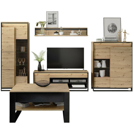 Mobilier1 – Ensemble de meubles de salon 5 pièces – Stratifié, MDF, verre trempé – Dimensions table 55x70x100 cm, étagère 195x76x41 cm, armoire 140x110x41 cm (1/5)