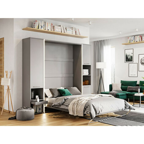 Lit escamotable Concept Pro Lenart Levfere 164, Gris, Unique, 90x200, Stratifié, Sommier à lattes, 105x237x217cm