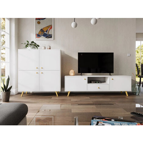 Ensemble de salon Honolulu C105, Blanc, Parties séparées, Avec table de TV, Avec des équipements supplémentaires, Stratifié, 112x41cm (1/4)