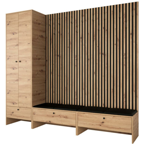 Mobilier1 – Meuble d'entrée Hartford 484 – Chêne artisan – 206x230x44cm – Faux cuir stratifié – Panneaux muraux souples absorbants
