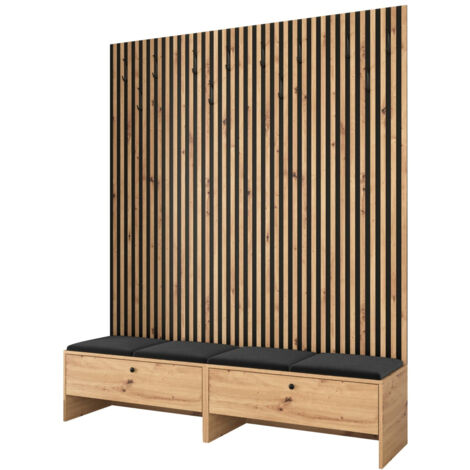 Mobilier1 – Meuble d'entrée Hartford 485 – Chêne artisan et tissu Manila 18 – Dimensions 206x170x44cm – Absorption sonore et décoration personnalisable