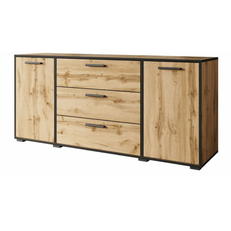 Commode Sarasota 174, Noir + Chêne wotan, Avec tiroirs et portes, Nombre de tiroirs: 0, 68x150x40cm (1/4)