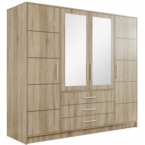 Mobilier1 – Armoire Dortivu 113 – 200x196x58cm – 4 portes à charnières – 8 étagères en stratifié chêne Sonoma – Miroir intégré pratique