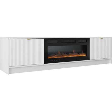 Mobilier1 – Meuble TV blanc 182x48x40cm – Stratifié et MDF – Design épuré sans portes – Cheminée électrique avec télécommande