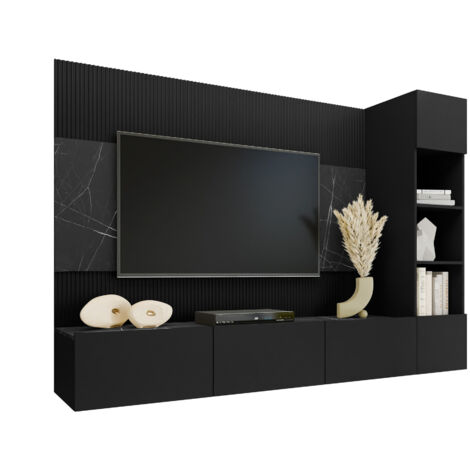 Mobilier1 – Ensemble de salon Comfivo 369 – Noir et marbre noir – Largeur 220 cm – Hauteur 150 cm – Stratifié et ABS – Design moderne