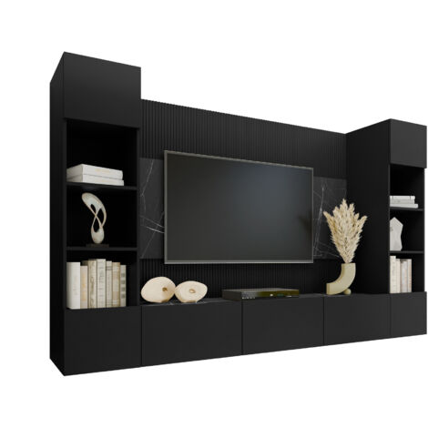 Mobilier1 – Ensemble de meubles de salon noir et marbre noir – Largeur 260 cm – Hauteur 150 cm – Système 'Push to open' – Fabriqué en UE
