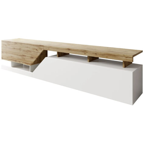 Mobilier1 – Meuble TV sans portes ni tiroirs 200x47x35cm – Finition blanc et chêne wotan – Système 'Push to open' innovant