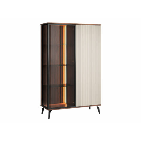Mobilier1 – Étagère fermée 147x103x39cm – Stratifié, verre trempé, MDF – Éclairage LED, pieds en métal, mécanisme push to open (1/5)