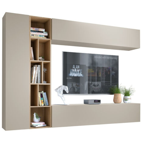 Mobilier1 – Ensemble de salon Comfivo 260 – Cachemire et chêne artisan – Largeur 224 cm – Hauteur 160 cm – Système 'Push to open'