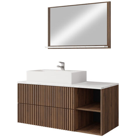 Ensemble de meubles de salle de bain – Noyer – Miroir inclus – Stratifié et MDF – Dimensions 450x1000x450mm – Mécanisme push to open