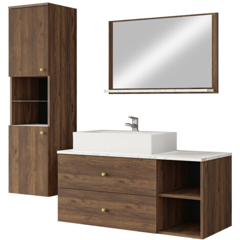 Mobilier1 – Ensemble de meubles de salle de bain – 3 pièces en noyer – Meuble-lavabo 100x45cm – Miroir 50x80cm – Poignées en métal – Fabriqué en UE
