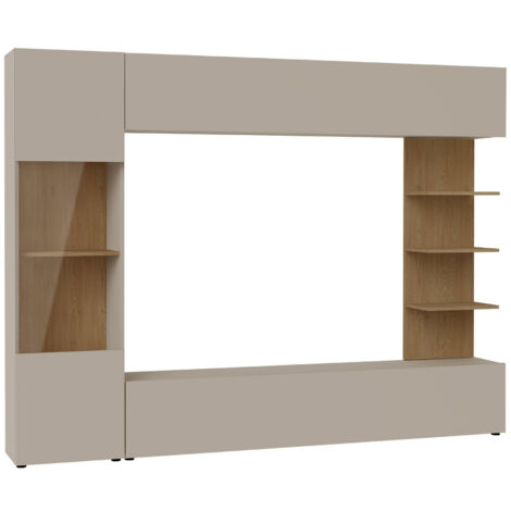 Mobilier1 – Ensemble de salon Comfivo 210 – Cachemire et chêne – Largeur 250 cm – Hauteur 187 cm – Système 'Push to open' pour accès facile
