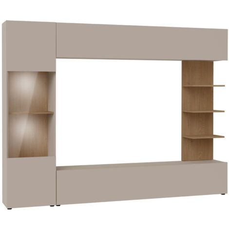 Mobilier1 – Ensemble de salon Comfivo 210 – Cachemire et chêne – Largeur 250 cm – Hauteur 187 cm – Verre trempé résistant – Système push to open