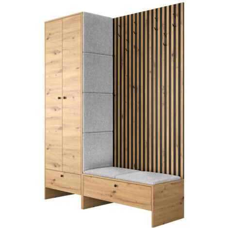 Mobilier1 – Ensemble de meubles d'entrée Hartford 320 – Chêne Artisan – Dimensions 206x145x44cm – Stratifié et Tapisserie – Résistance 45000 cycles Martindeyl