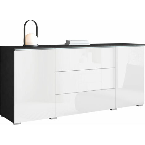 Commode Sarasota 142, Matera gris + Blanc brillant, Avec tiroirs et portes, Nombre de tiroirs: 3, 66x150x40cm, LED (1/5)
