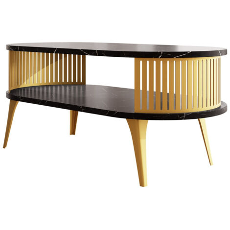 Table basse Sordore 106, Doré + Marbre noir, 44x50x100cm, Diamètre: 0, Stratifié, Ovale (1/3)
